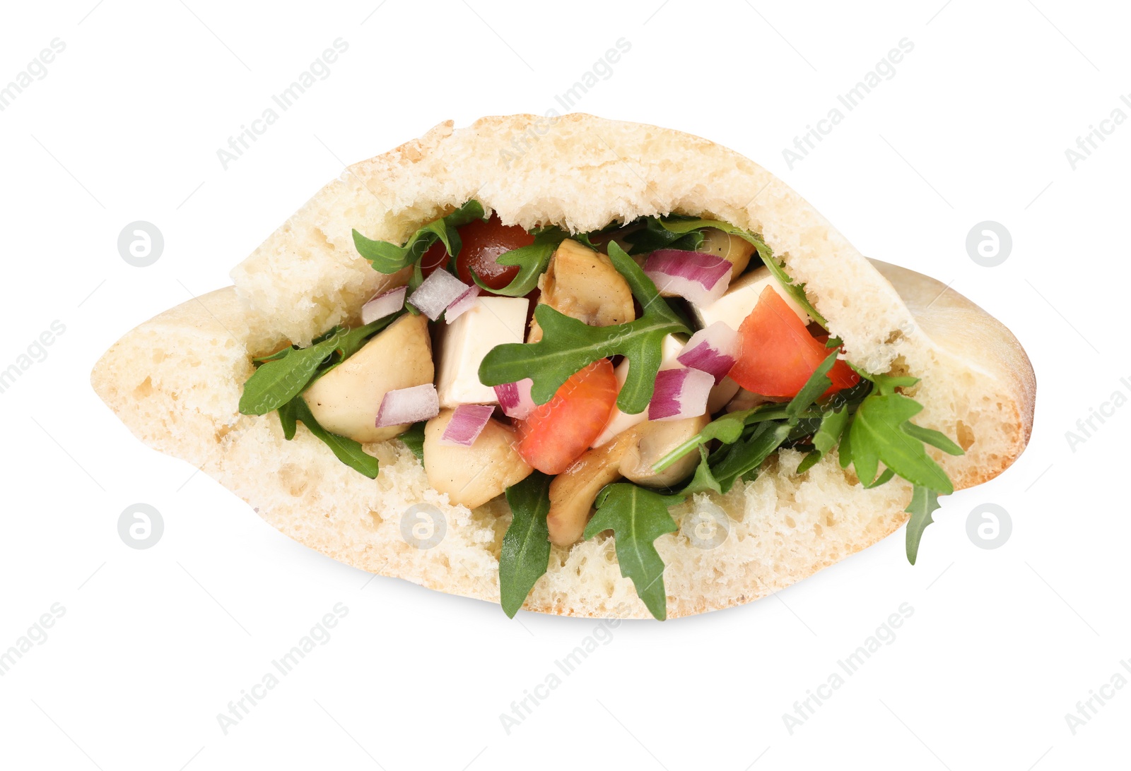 Photo of Delicious pita sandwich with cheese, mushrooms tomatoes and arugula isolated on white