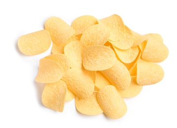 Photo of Tasty crispy potato chips on white background