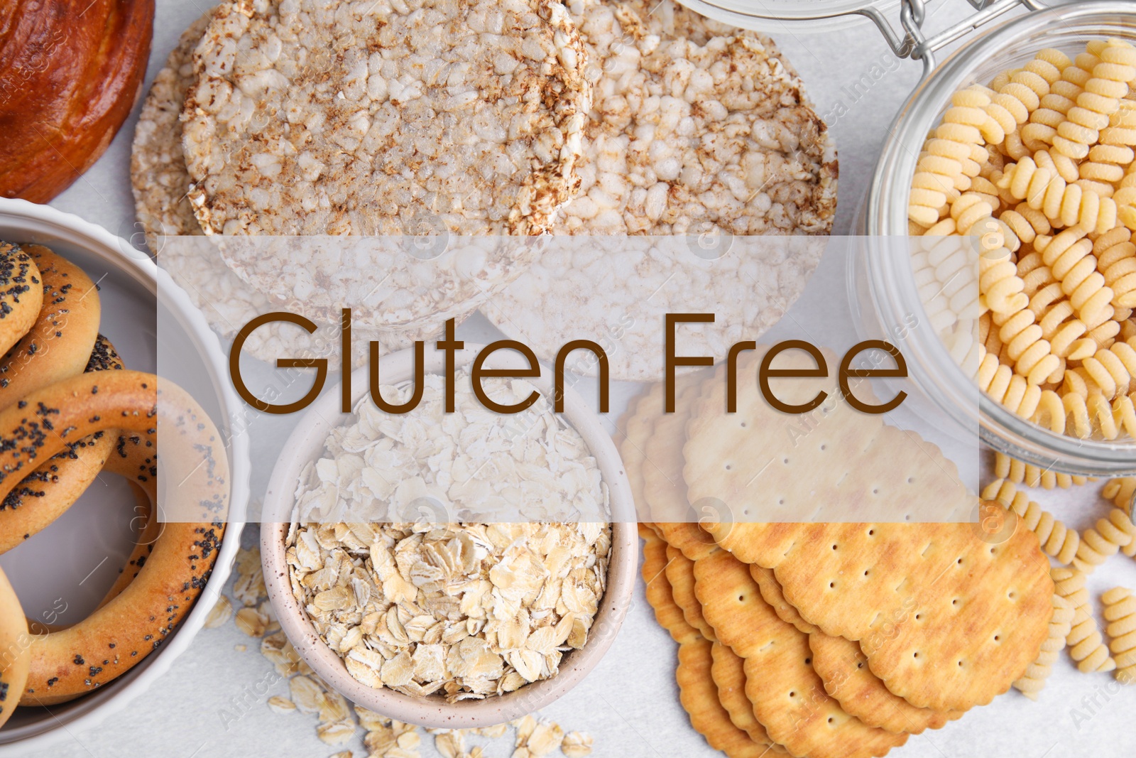 Image of Different gluten free products on light grey table, flat lay