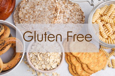 Image of Different gluten free products on light grey table, flat lay