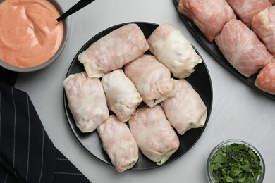 Uncooked stuffed cabbage rolls on grey table, flat lay