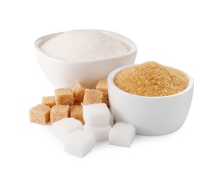 Different types of sugar on white background