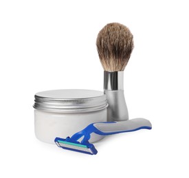 Photo of Different men`s shaving accessories on white background