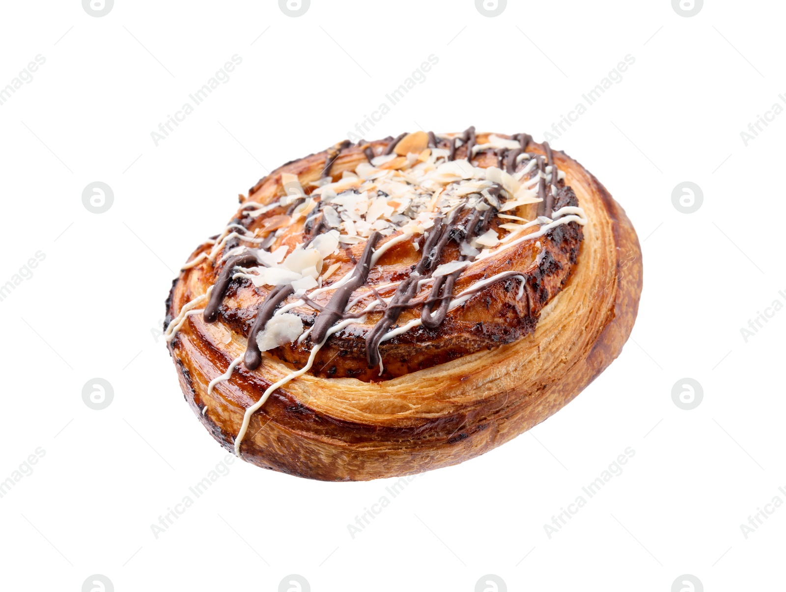 Photo of One delicious roll with almond flakes and topping isolated on white. Sweet bun