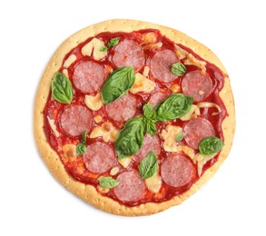 Pita pizza with pepperoni, cheese and basil isolated on white, top view