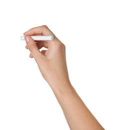Photo of Woman holding piece of chalk isolated on white, closeup