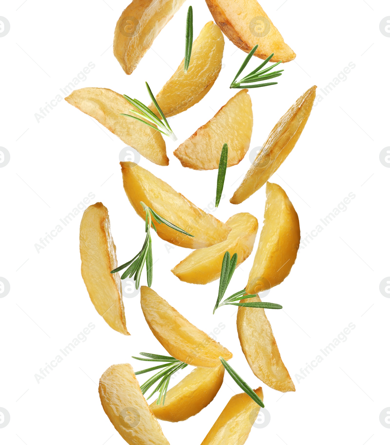Image of Tasty baked potatoes and rosemary falling on white background