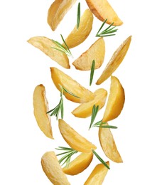 Tasty baked potatoes and rosemary falling on white background