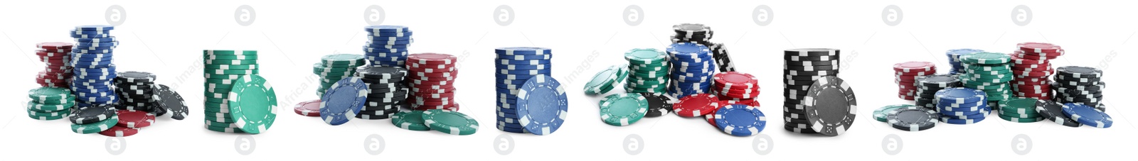 Set with stacks of different casino chips on white background, banner design. Poker game Image of Set with stacks of different casino chips on white background, banner design. Poker game