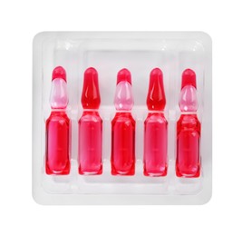 Photo of Glass ampoules with pharmaceutical product in tray on white background, top view