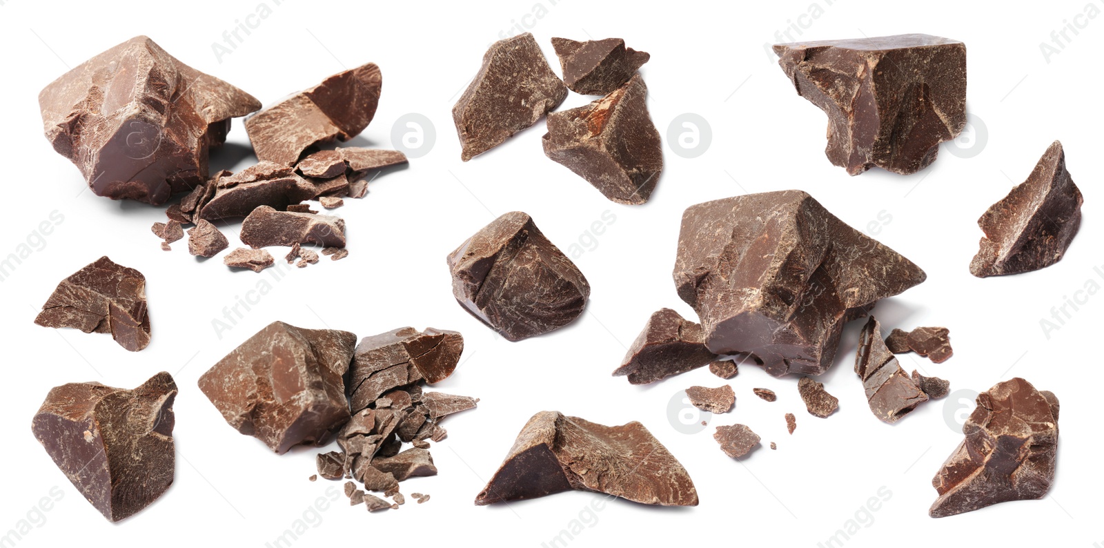 Image of Set with delicious dark chocolate chunks on white background. Banner design