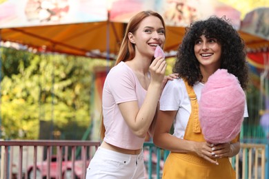 Happy friends with cotton candy spending time together at funfair. Space for text