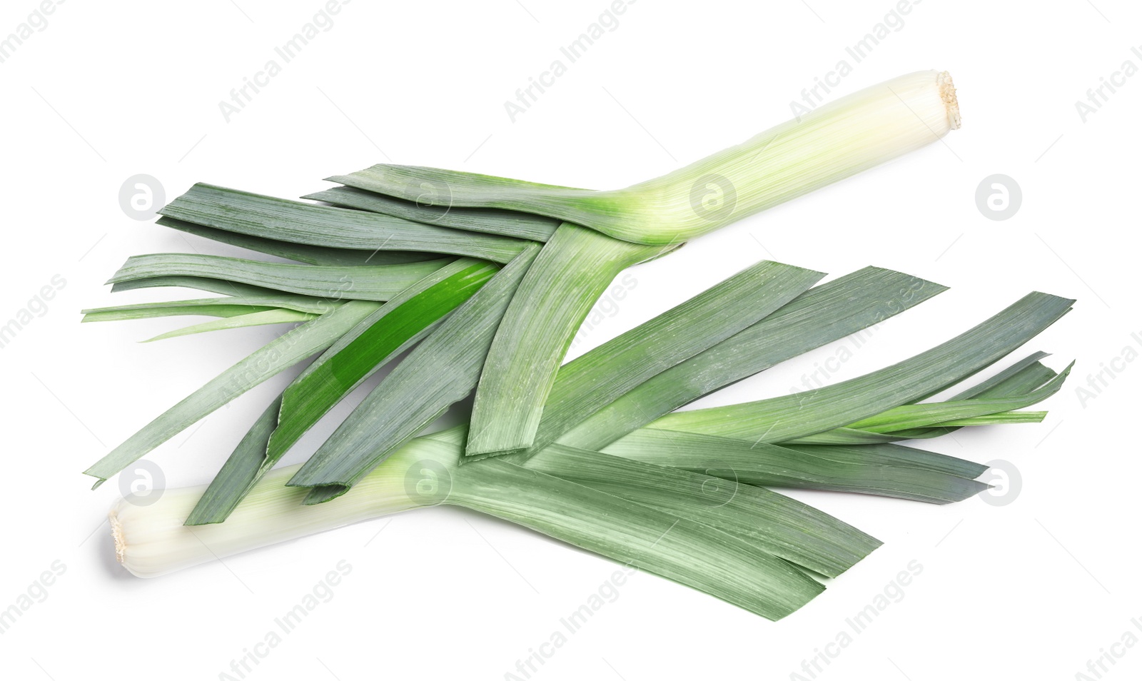 Photo of Fresh raw leeks on white background. Ripe onion