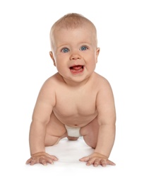 Cute little baby crawling on white background