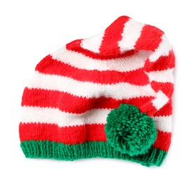 Photo of Cute striped elf hat on white background, top view. Christmas baby clothes