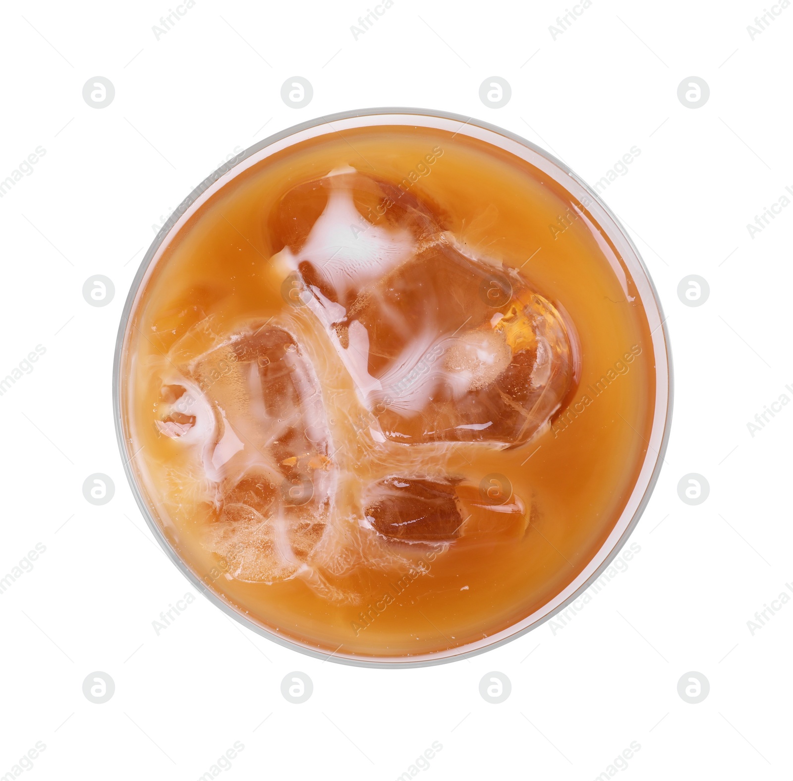 Photo of Glass of fresh iced coffee isolated on white, top view