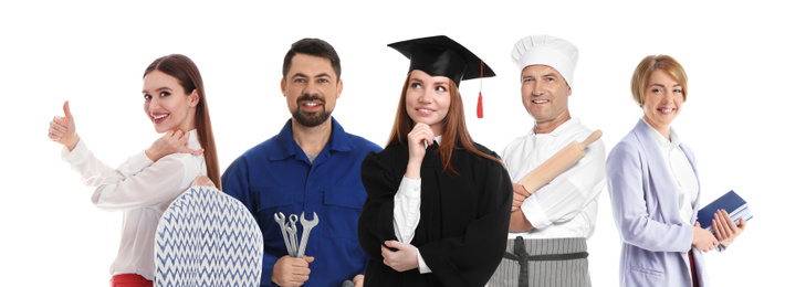 Career choice. People of different professions on white background, banner design