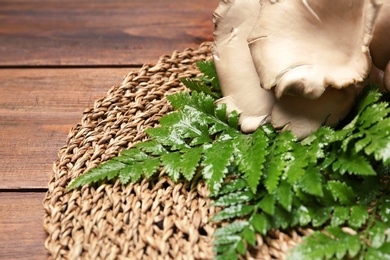 Photo of Delicious organic oyster mushrooms with leaves on table, closeup. Space for text