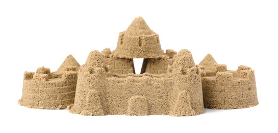 Beautiful sand castle isolated on white. Outdoor play