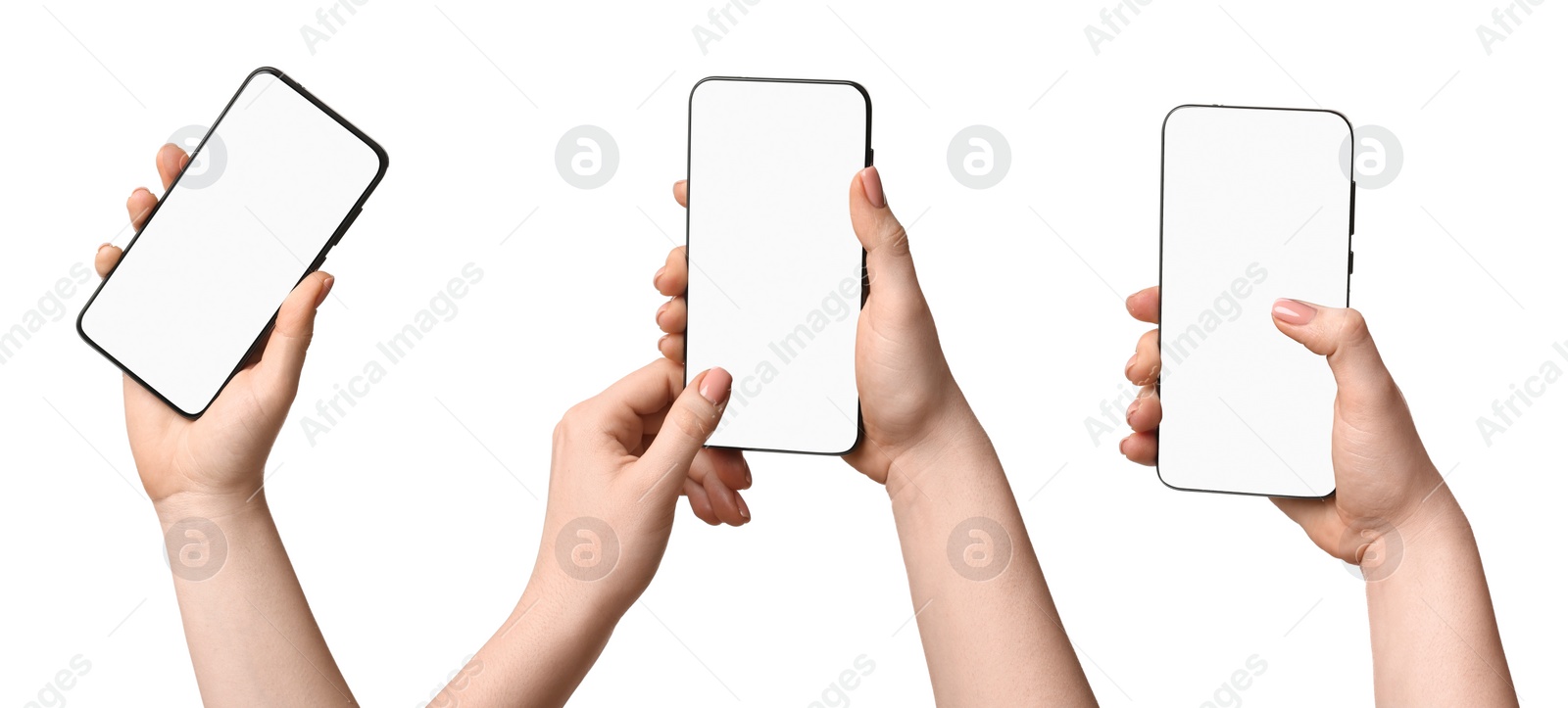 Image of Woman holding phones with blank screens on white background, closeup. Set of photos