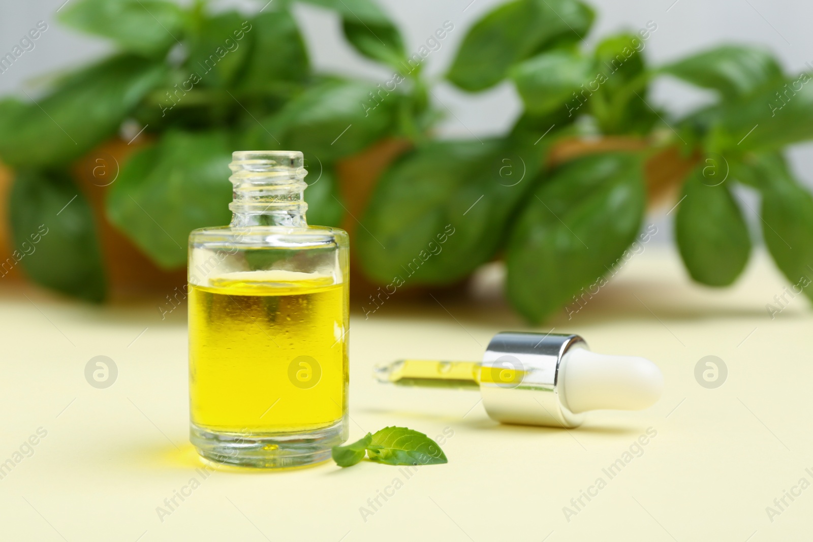 Photo of Glass bottle with basil oil, leaves and dropper on table