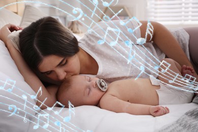 Image of Lullaby songs. Mother kissing her sleeping baby at home. Illustration of flying music notes around woman and child