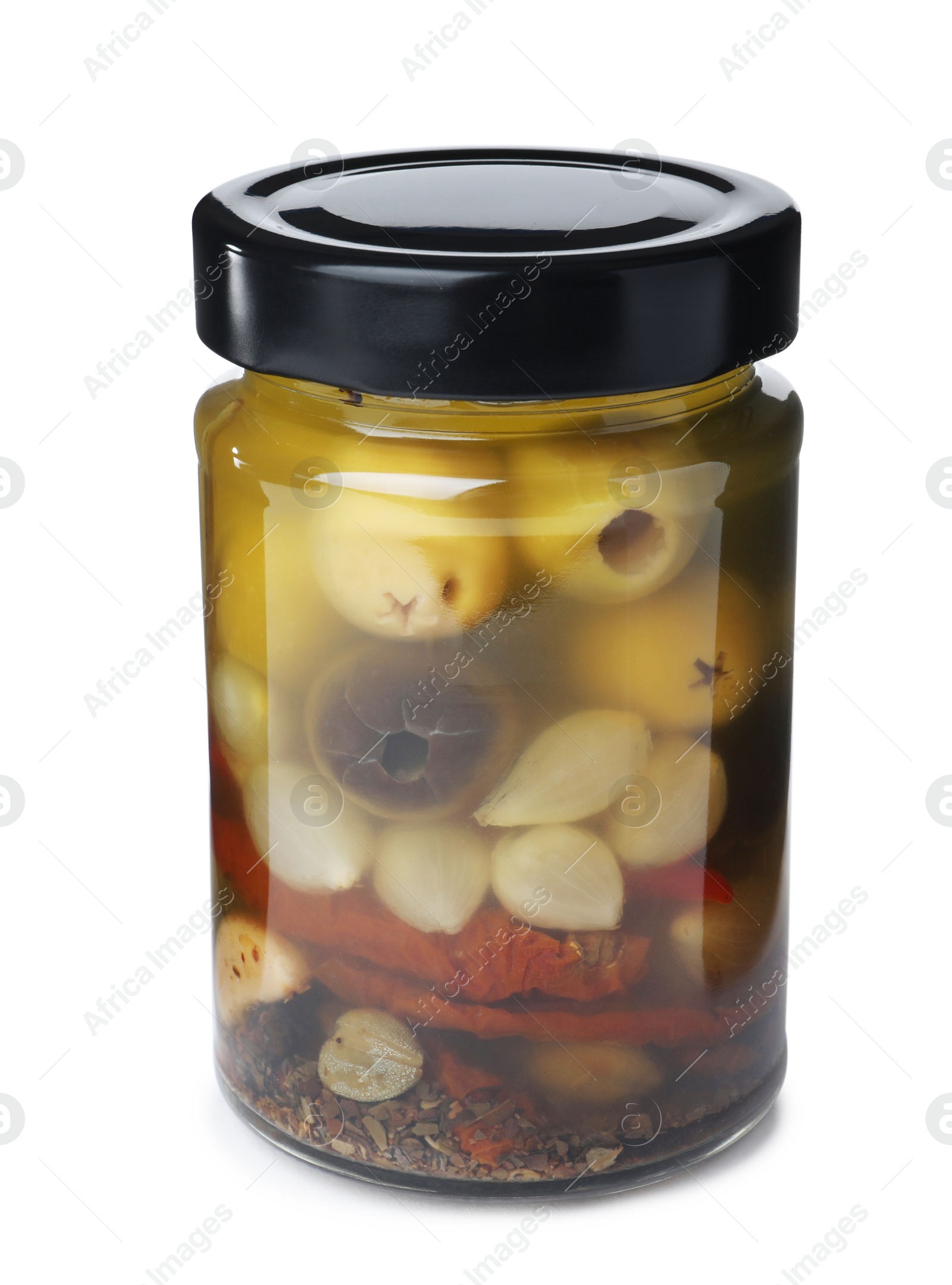 Photo of Jar with pickled vegetables on white background