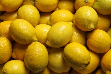 Photo of Fresh lemons as background, closeup. Citrus fruit