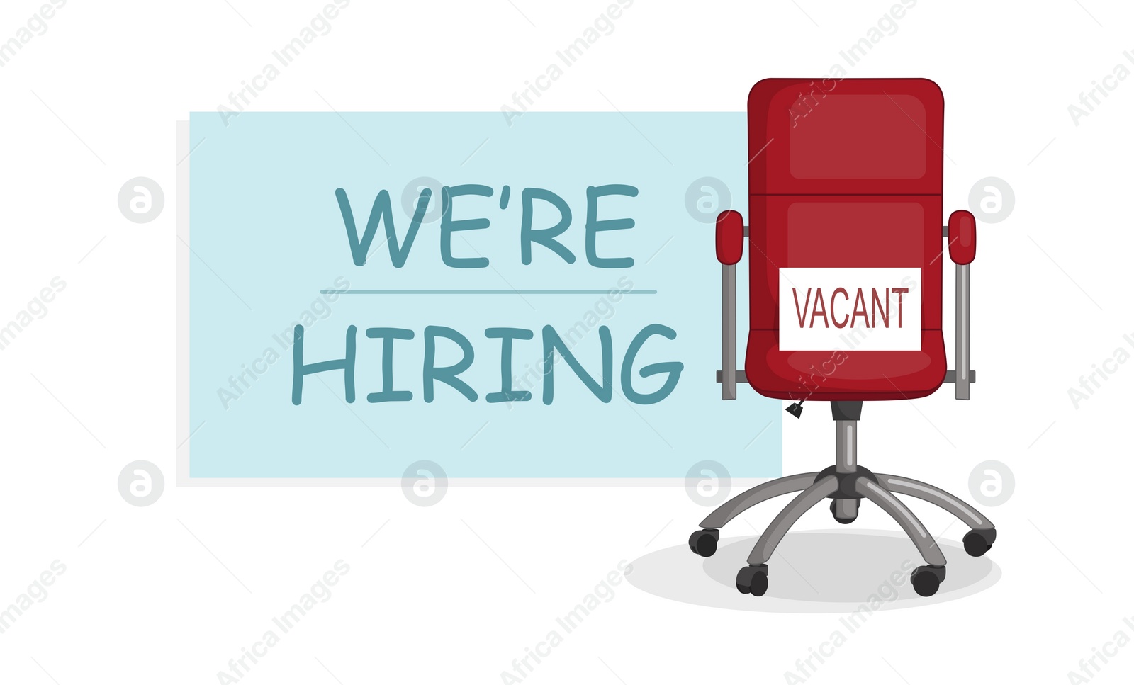 Illustration of Red office chair and sign VACANT and text WE`RE HIRING on white background