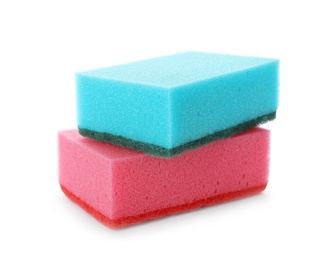 Photo of Cleaning sponges for dish washing on white background