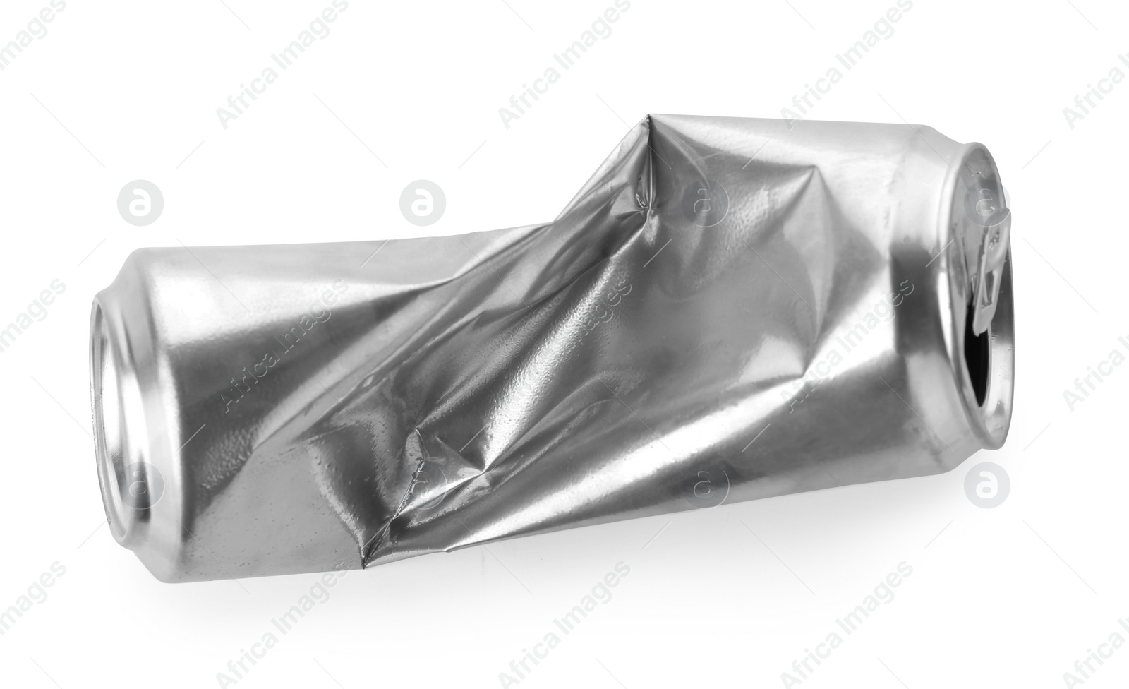 Photo of Crumpled aluminum can on white background, top view. Metal waste recycling