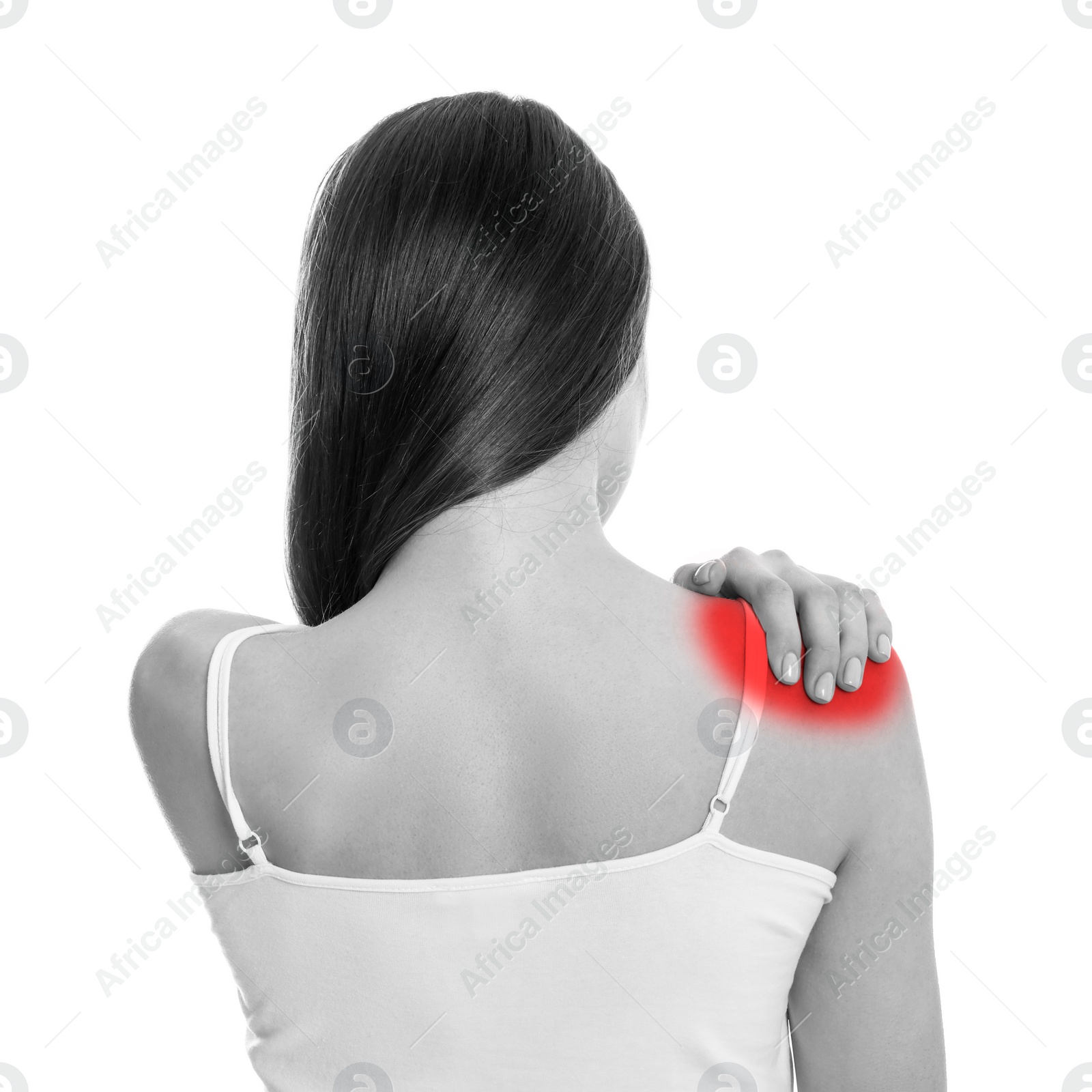 Image of Woman suffering from rheumatism on white background. Black and white effect with red accent in painful area