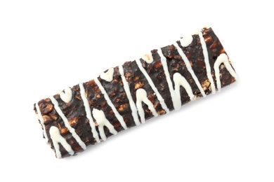 Grain cereal bar with chocolate on white background. Healthy snack