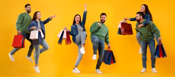 Happy couple with shopping bags on orange background, set with photos