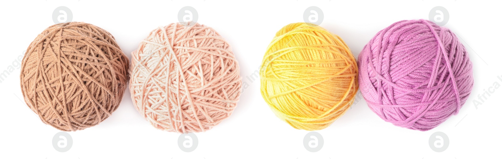 Image of Set with different woolen yarns on white background. Banner design