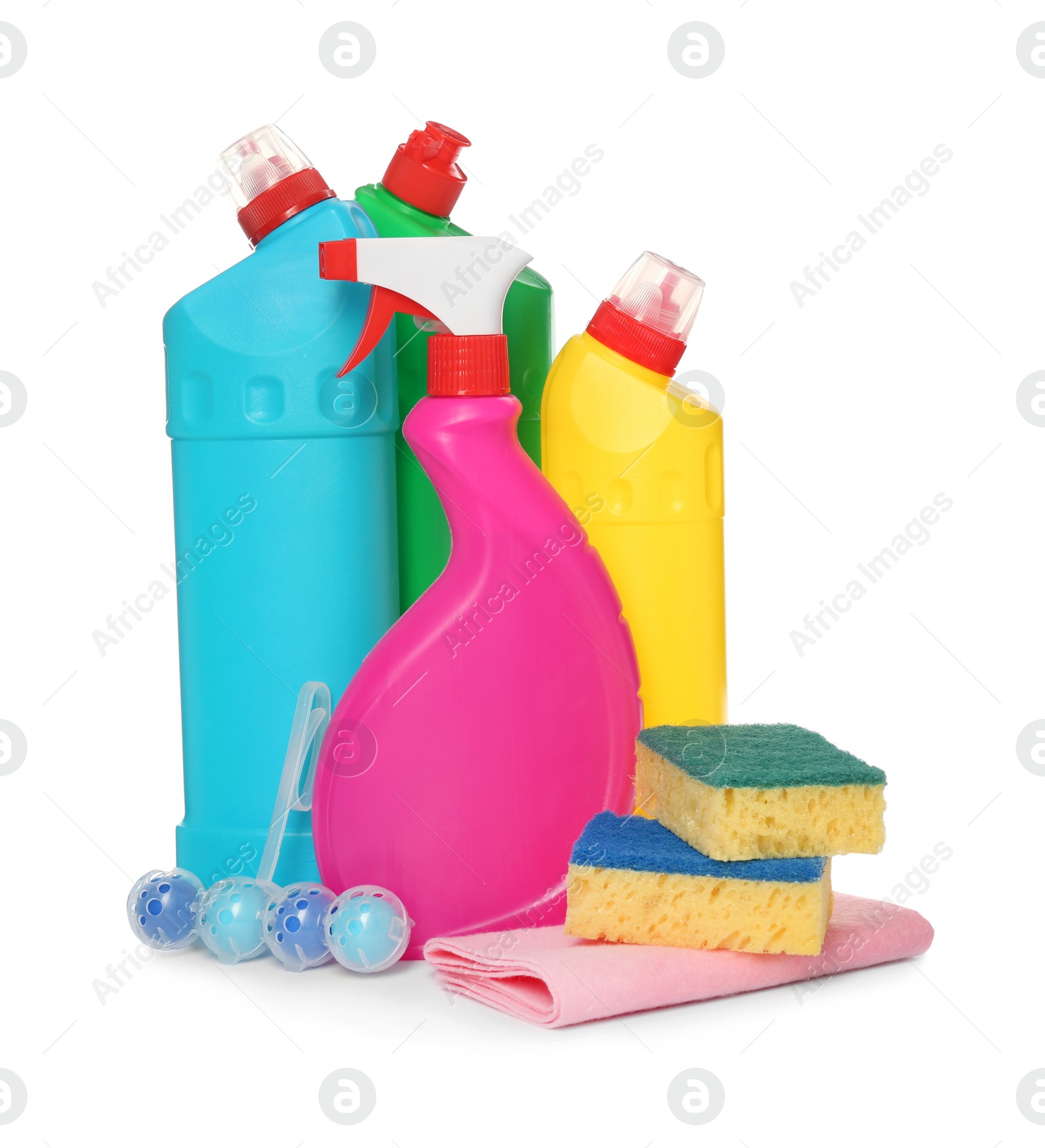 Photo of Composition with different toilet cleaning tools on white background