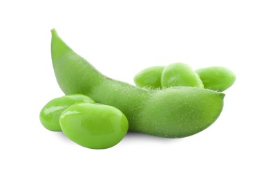 Fresh green edamame pod and beans on white background