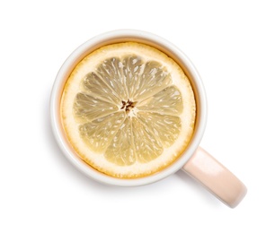 Photo of Cup of tea with lemon on white background, top view