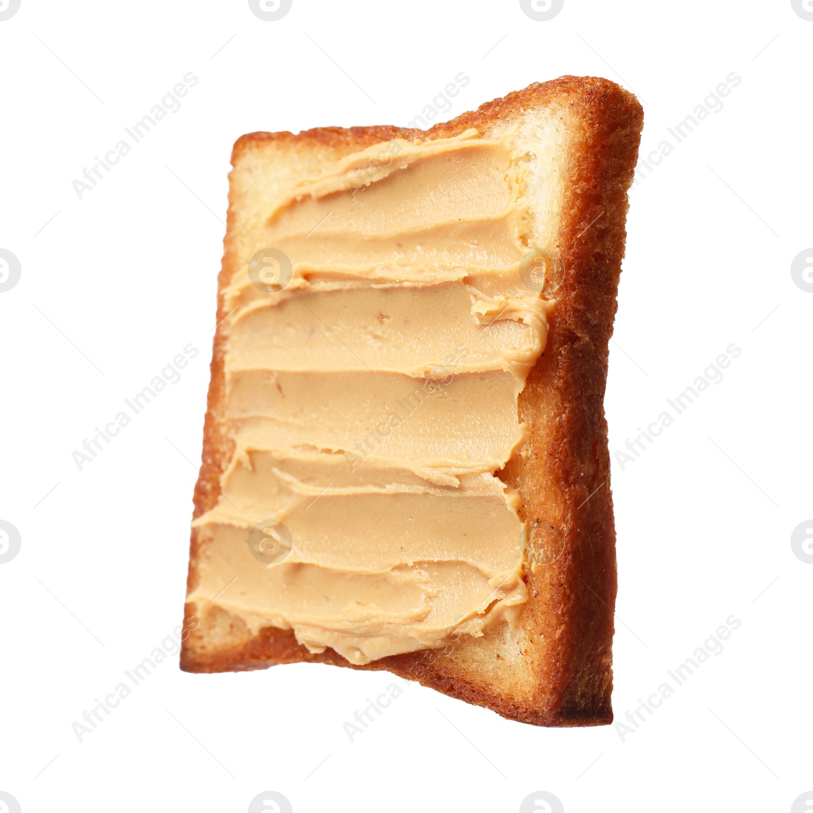 Photo of Piece of toasted bread with peanut butter isolated on white