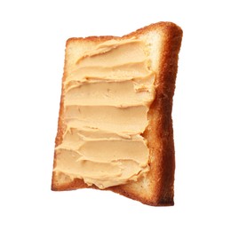 Photo of Piece of toasted bread with peanut butter isolated on white