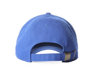 Photo of Stylish blue baseball cap isolated on white