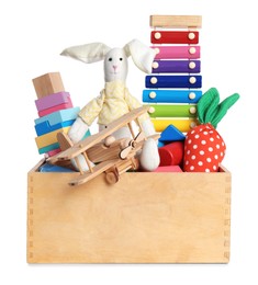 Wooden crate with different cute toys on white background