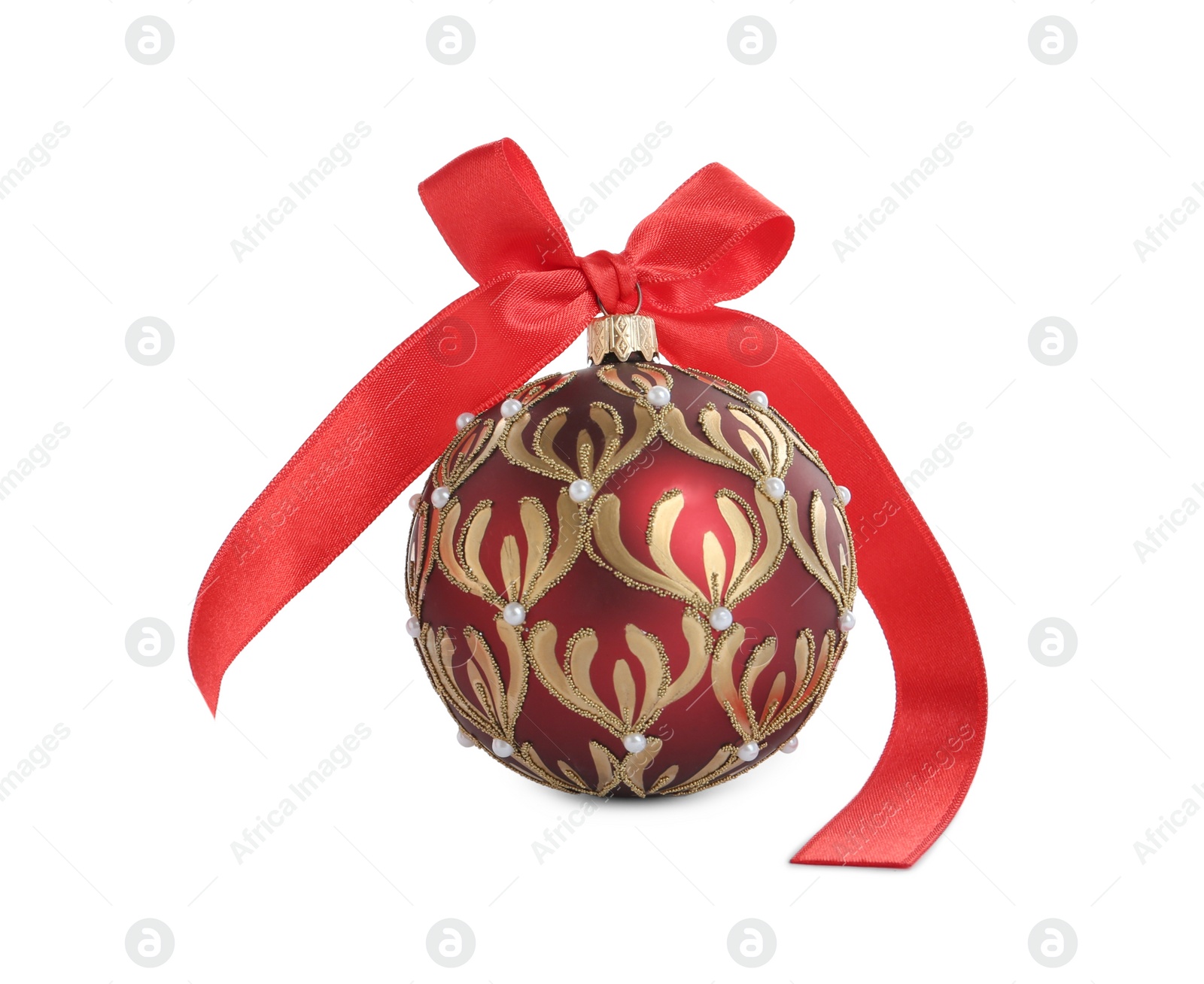 Photo of Beautiful Christmas ball with red bow isolated on white