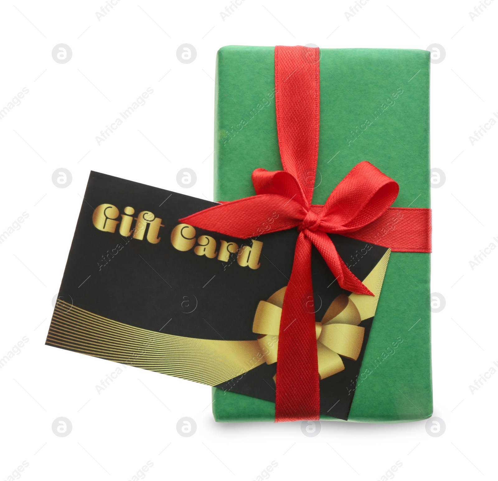 Photo of Gift card and present on white background