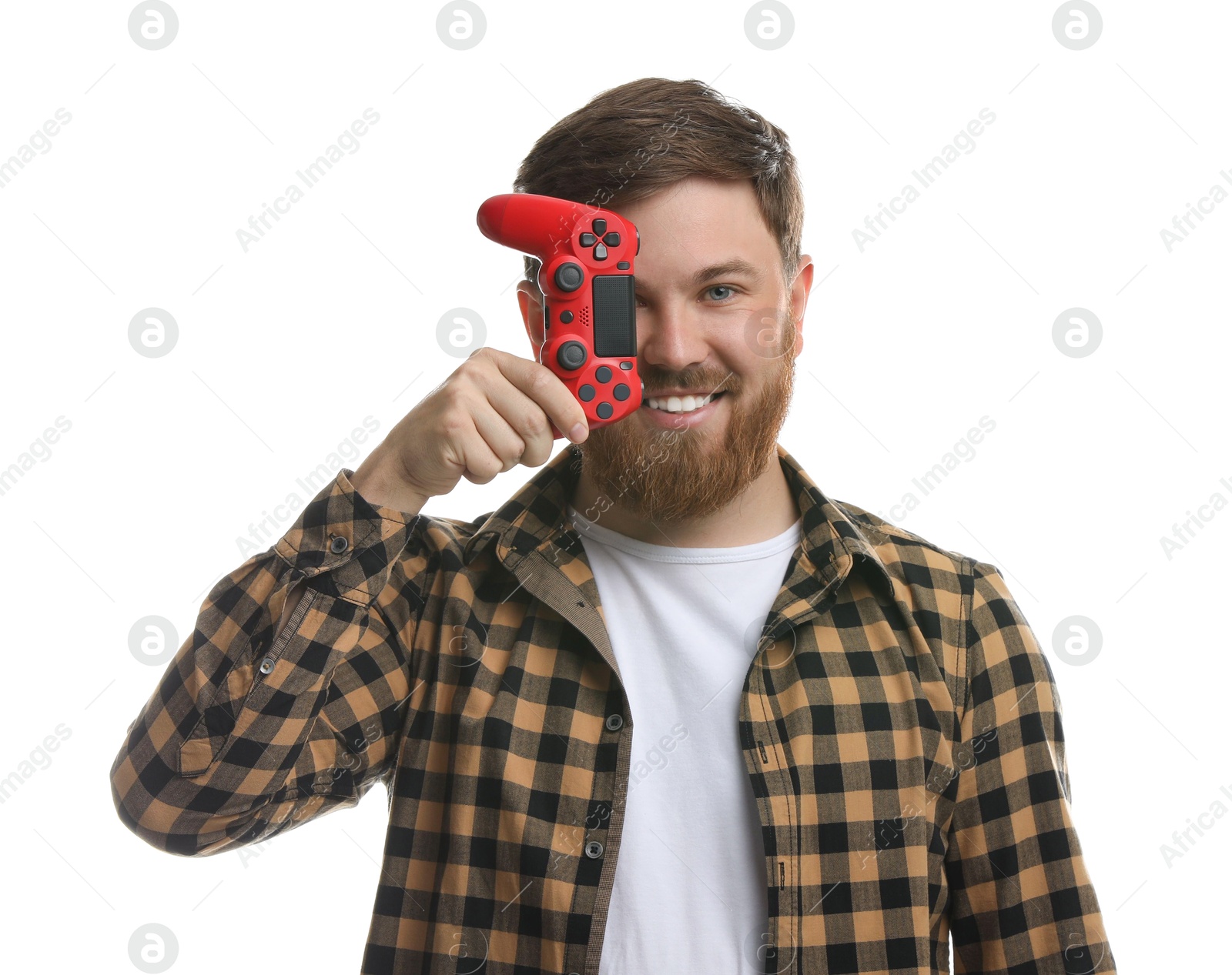 Photo of Happy man with game controller on white background