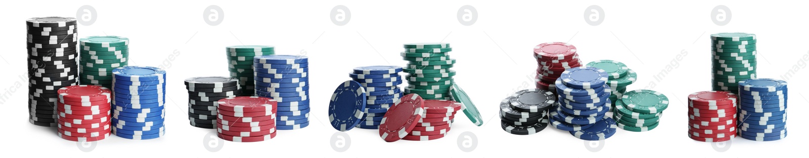 Image of Set with stacks of different casino chips on white background, banner design. Poker game