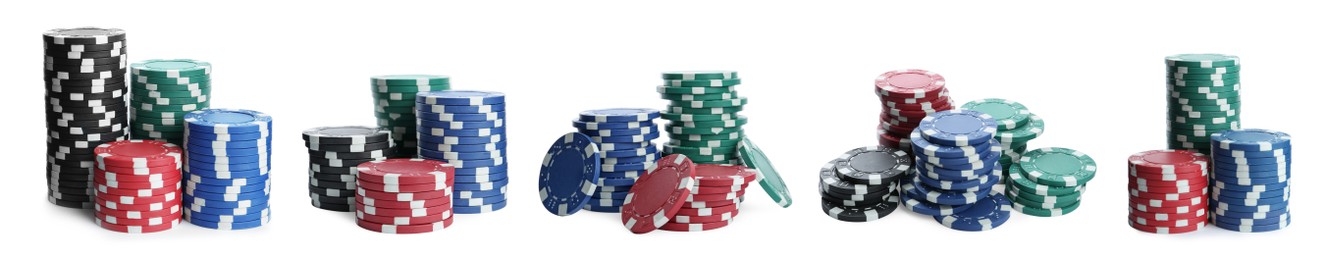 Image of Set with stacks of different casino chips on white background, banner design. Poker game
