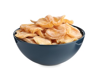 Photo of Delicious dried jackfruit slices in bowl isolated on white