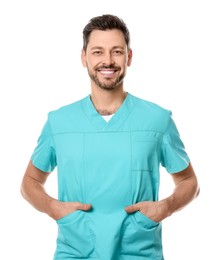 Photo of Doctor or medical assistant (male nurse) in uniform on white background