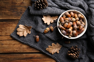 Acorns, oak leaves and pine cones on wooden table, flat lay